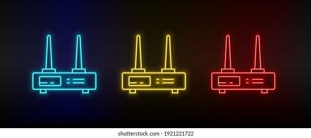 Neon icon set Modem router. Set of red, blue, yellow neon vector icon