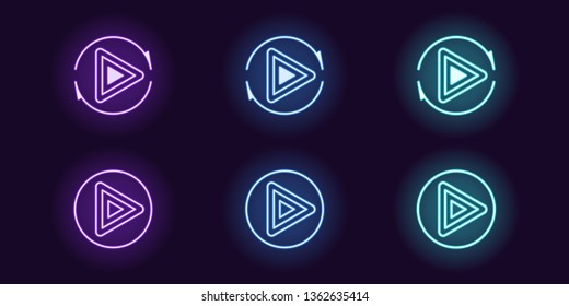 Neon icon set of Play button. Vector illustration of round neon Play sign with repeating circular arrow. Isolated glowing outline icon, sign symbol. UI element. Violet, blue and azure color