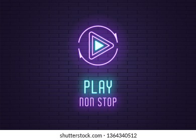 Neon icon set of Play button. Vector illustration of round neon Sign with text Play non Stop. Isolated glowing outline icon, sign symbol. UI element. Blue and violet color