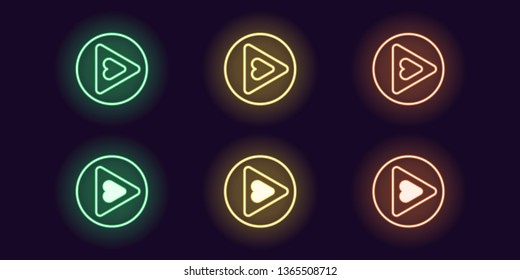 Neon icon set of Play button. Vector illustration of round neon Play sign with Heart inside. Isolated glowing outline icon, sign symbol. Green, yellow and orange color