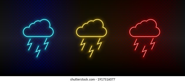 Neon icon set rain, energy, lighting. Set of red, blue, yellow neon vector icon