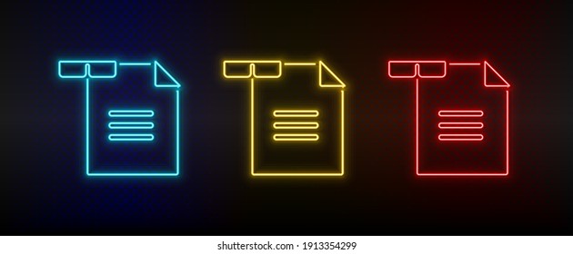Neon icon set reading. Set of red, blue, yellow neon vector icon