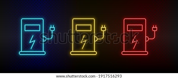 Neon icon set refill, charge, eco. Set of red, blue,\
yellow neon vector icon