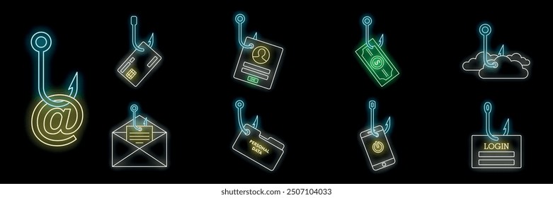 Neon icon set representing different types of phishing with login data, money, cloud service and personal information at risk