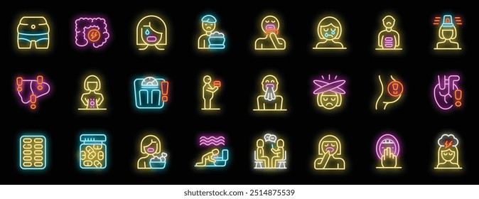 Neon icon set representing the various aspects, symptoms and consequences of bulimia, an eating disorder