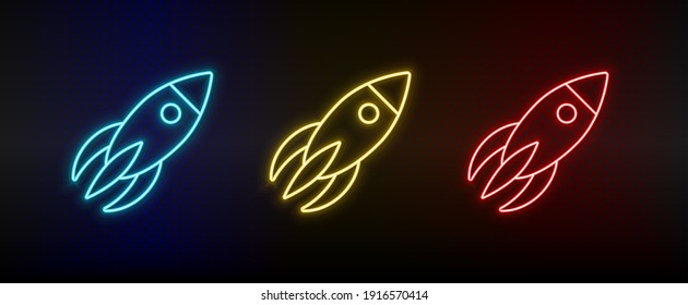 Icono neón conjunto cohete, nave espacial. Icono de vector de neón rojo, azul, amarillo