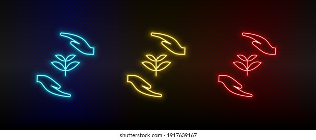 Neon icon set safe, earth, hands. Set of red, blue, yellow neon vector icon