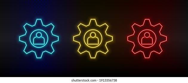 Configuración del conjunto de iconos de neón, usuario. Icono de vector de neón rojo, azul, amarillo