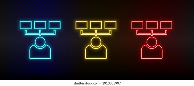 Neon icon set skills, users. Set of red, blue, yellow neon vector icon