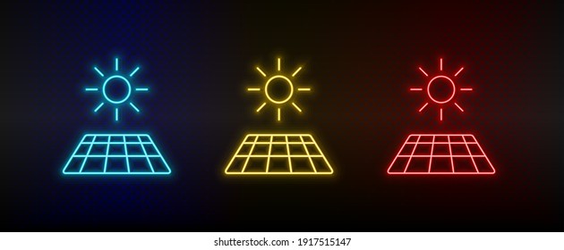 Neon icon set solar, sun, charger. Set of red, blue, yellow neon vector icon