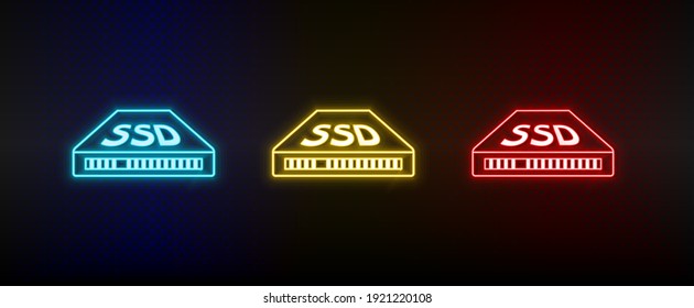 Neon icon set Ssd. Set of red, blue, yellow neon vector icon