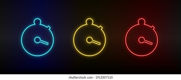 Neon Icon Set Stopp-Uhr. Satz von rotem, blauem, gelbem NeonVektorsymbol