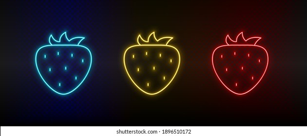 Neon icon set strawberry. Set of red, blue, yellow neon vector icon