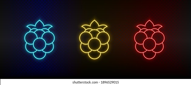 Neon icon set strawberry. Set of red, blue, yellow neon vector icon