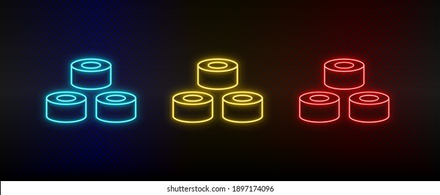 Un icono de neón pone sushi, pescado. Icono de vector de neón rojo, azul, amarillo