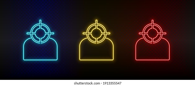 Destino del conjunto de iconos de neón, usuario. Icono de vector de neón rojo, azul, amarillo