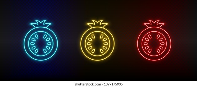 Neon icon set tomatoes. Set of red, blue, yellow neon vector icon