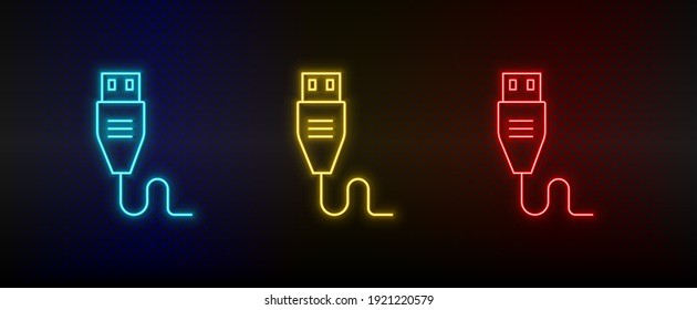 Neon icon set Usb. Set of red, blue, yellow neon vector icon