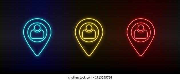 Usuario, ubicación del conjunto de iconos de neón. Icono de vector de neón rojo, azul, amarillo