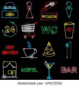 Neon icon set Vector illustration Colorful icons in form of neon lamps for bars, pubs, cafes and stores on black background Trendy icons set