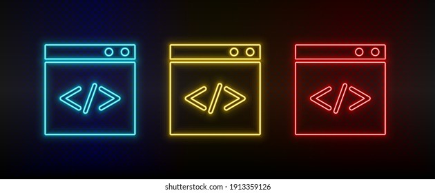 Neon icon set website, internet, browser, code. Set of red, blue, yellow neon vector icon