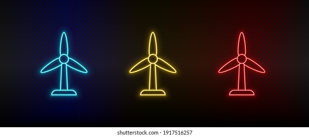 Neon icon set wind, energy, eco. Set of red, blue, yellow neon vector icon