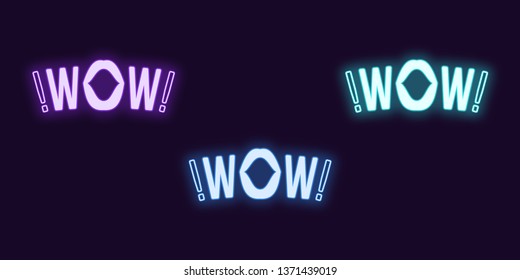 Neon icon set of Wow phrase. Vector illustration of glowing Neon text Wow with woman mouth. Isolated digital collection of signs, symbols for Entertainment industry. Violet, blue and azure color