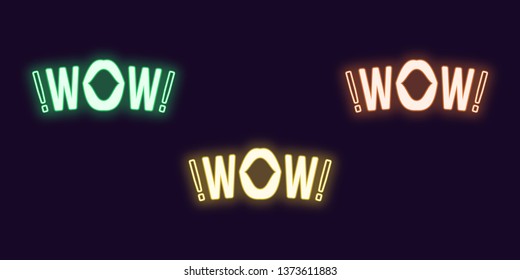 Neon icon set of Wow phrase. Vector illustration of glowing Neon text Wow with woman mouth. Isolated digital collection of signs, symbols for Entertainment industry. Green, yellow and orange color
