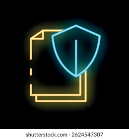 Icono de neón de un escudo que protege los documentos que brillan sobre un fondo oscuro
