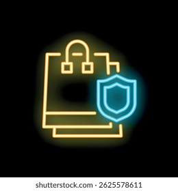 Neon icon of shopping bags is glowing, representing a secure online shopping experience