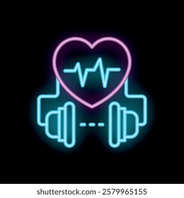 Neon icon showing the positive effects of music on mental health, represented by headphones holding a heart with a heartbeat