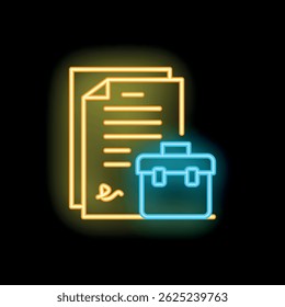 Neonsymbol eines signierten Dokuments und einer Aktentasche auf schwarzem Hintergrund