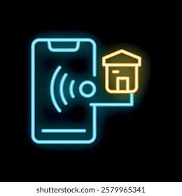 Neon icon of a smartphone connecting to a home network using a wifi signal