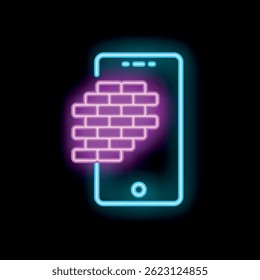 Neon icon of a smartphone display with a firewall protecting user data