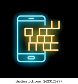 Neon icon of a smartphone displaying an augmented reality app with a wall