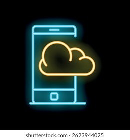 Ícone de néon de um smartphone exibindo uma nuvem, representando computação em nuvem e armazenamento de dados móvel