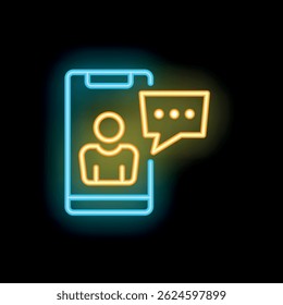 Neon icon of a smartphone displaying a messaging notification, glowing on a dark background