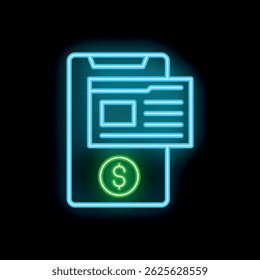 Neon icon of a smartphone displaying an online banking app with dollar sign
