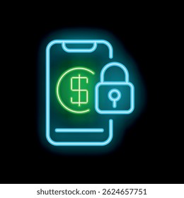 Neon icon of a smartphone with a dollar sign and a padlock is representing the concept of mobile banking security
