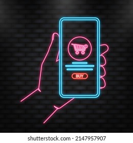 Neon Icon. Smartphone with and screen buy. Concept online shopping