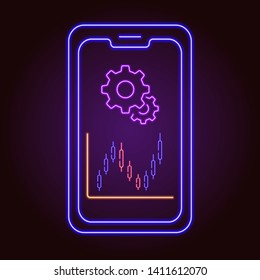 neon icon of smartphone with trading graphs on the screen and gears symbol on purple background