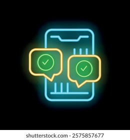 Neon icon of a smartphone with two validated messages is representing online communication