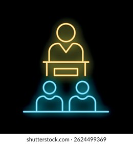 Neon icon of a speaker behind a podium giving a presentation to two people