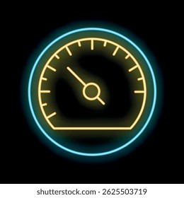 Neon icon of speedometer showing increasing speed with blue and yellow glowing lines on black background