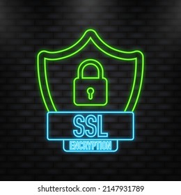 Neon Icon. SSL encryption secure badge on white background. Green banner. Vector illustration