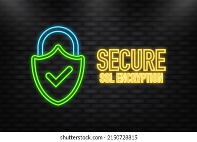 Neon Icon. SSL encryption secure badge on white background. Green banner. Vector illustration
