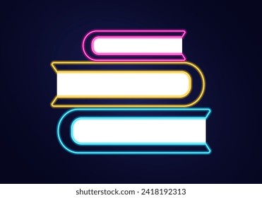 Neon icon stack of books. Outline symbol on a dark background. Reading literature. Knowledge, study. Encyclopedia, textbooks. Library. Illuminated color. Isolated object. Vector illustration