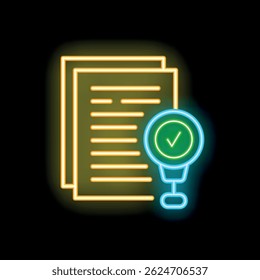 Neon icon of stack of documents with approved mark confirming successful verification glowing on dark background