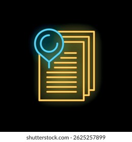 Neon icon of a stack of documents with a location pin, representing online document management and digital storage