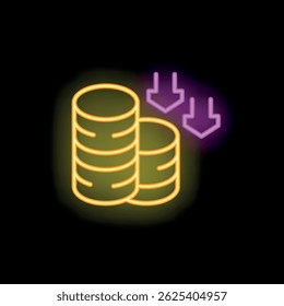 Neon icon of stacks of coins with down arrows over them, representing a decrease in wealth